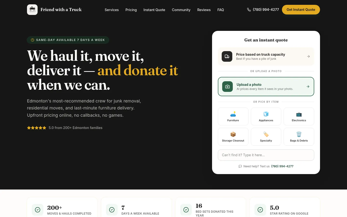 Homepage of the Friend with a Truck website built by Topmost Funnel