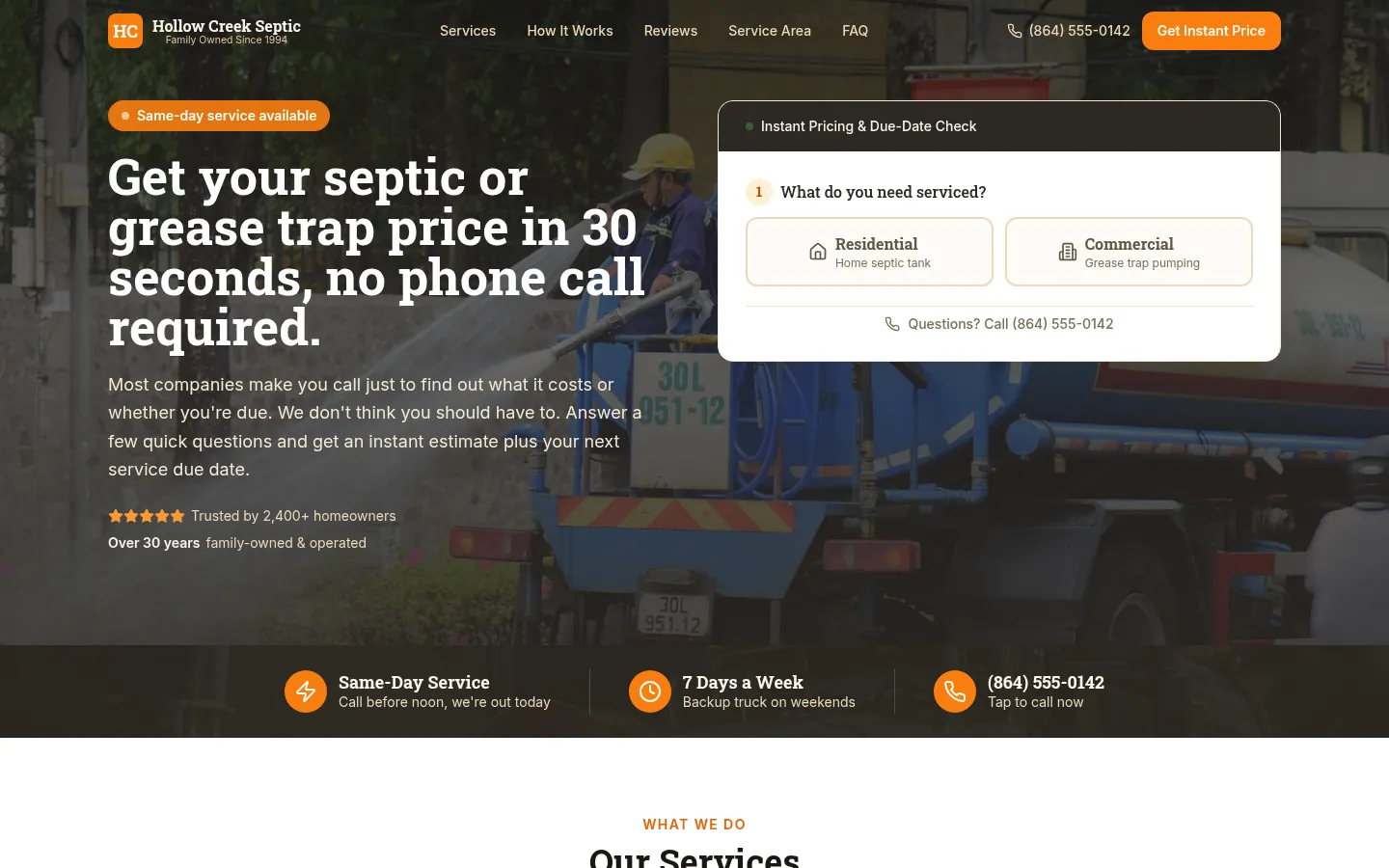 Homepage of the Hollow Creek Septic website built by Topmost Funnel